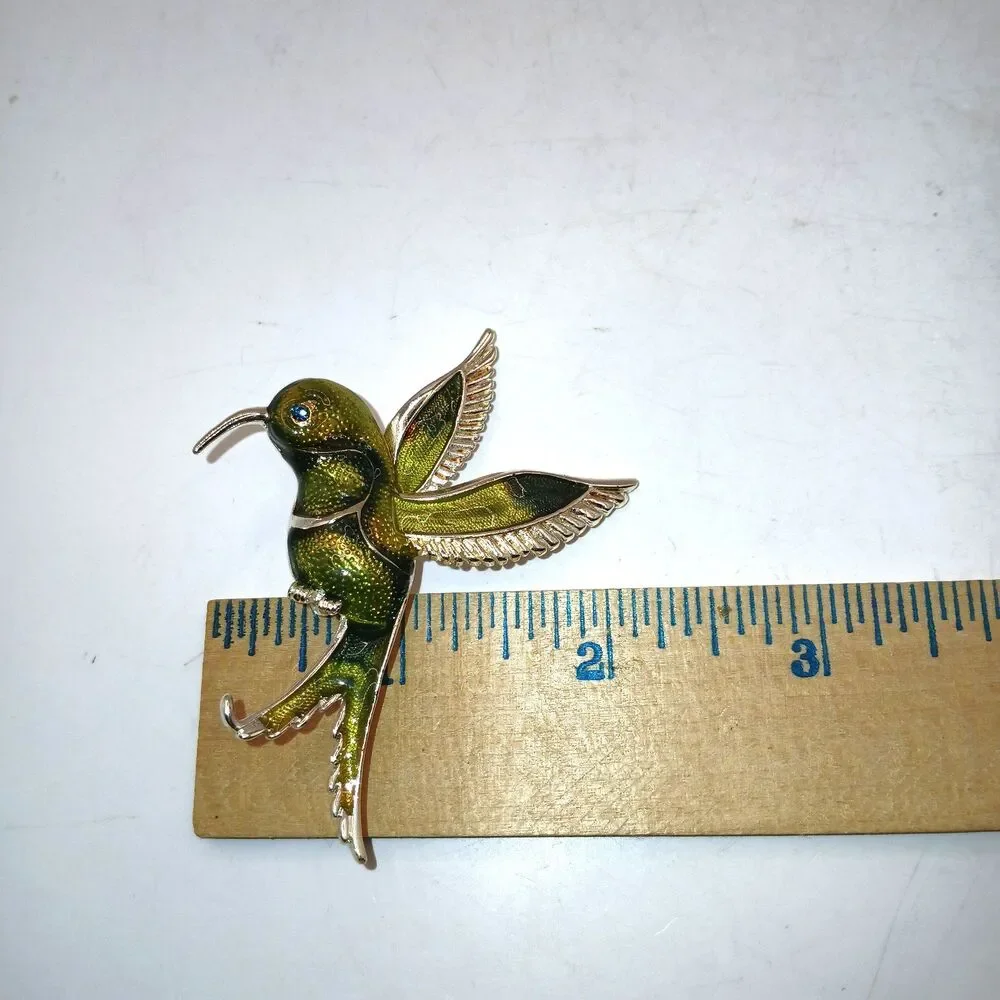 Hummingbird Brooch Pin Green Enamel Green Rhinestone Eye Silver Tone Metal 2.75